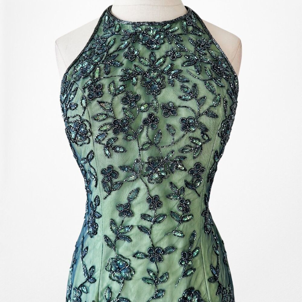 Vintage Y2K 90s Green Floral Halter Beaded Mesh Bodycon Maxi Prom Dress Size S - Picture 6 of 14
